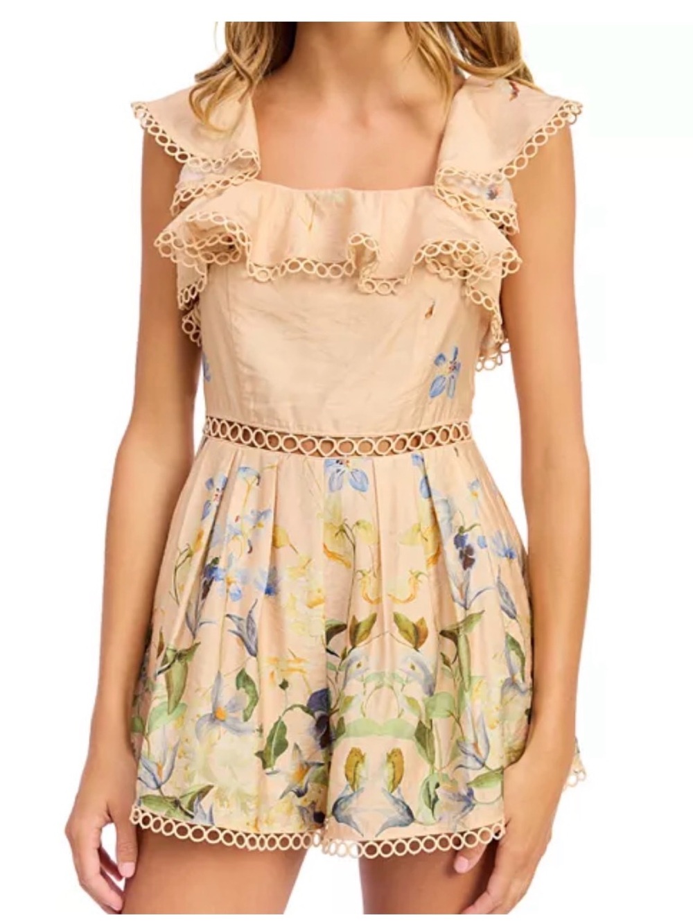 Floral Peach Ruffle Romper Dress - Women's Peach Floral Dress